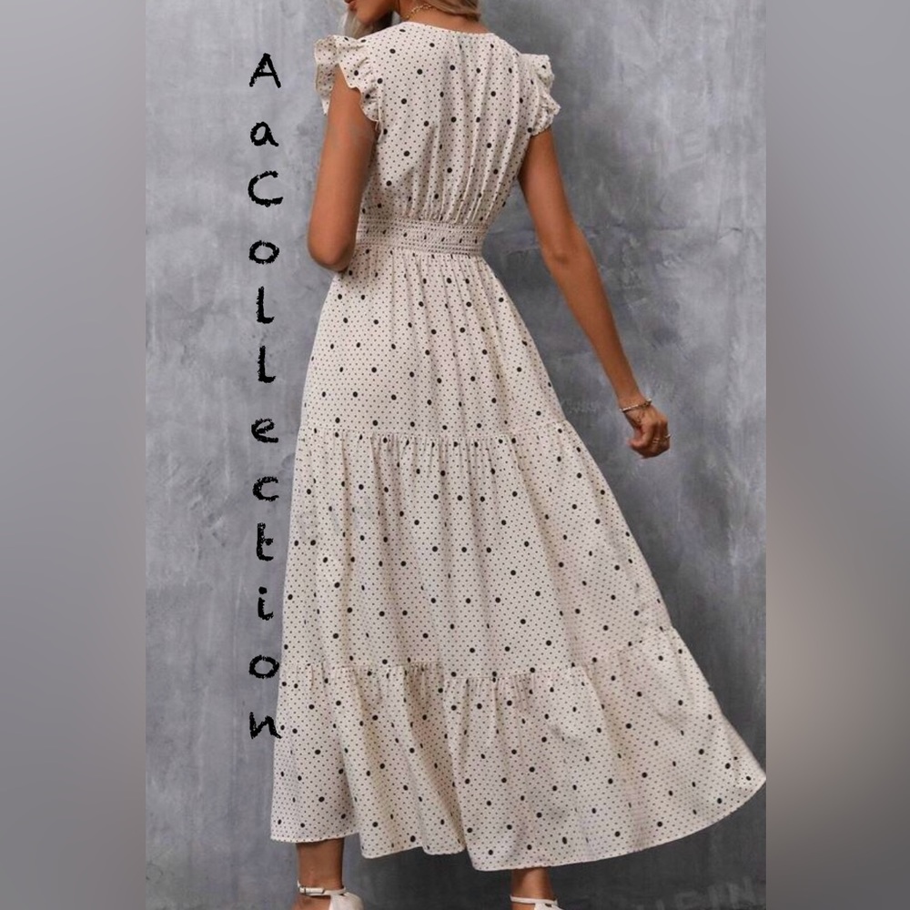 Boho Polka Dots Slit Sleeveless Smocked Cap Ruffle Maxi Dress - Picture 3 of 3